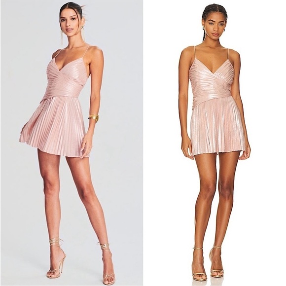 NWT RETROFETE Metallic Ballet Pink Pleated Sleeveless Crossover V-Neck Dress L - Picture 1 of 10